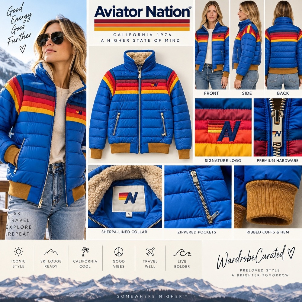 Aviator Nation 5 Stripe Puffer Jacket Womens S Blue Rainbow Sherpa Ski Après